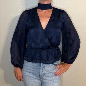 Lush Deep V Mock Neck Striped Peplum Long Balloon Sleeve Wrap Top Navy